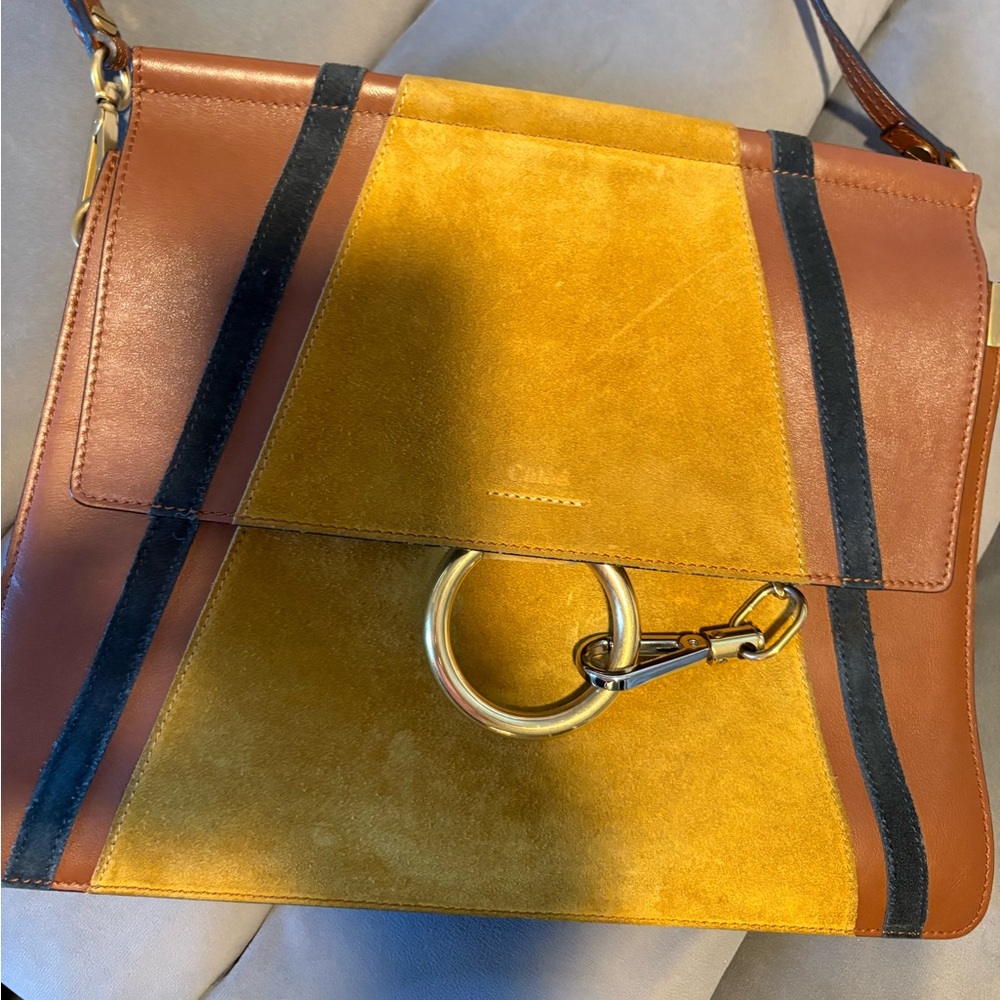 Chloe Two-Tone Suede & Leather Shoulder Bag in Mustard, Brown & Black